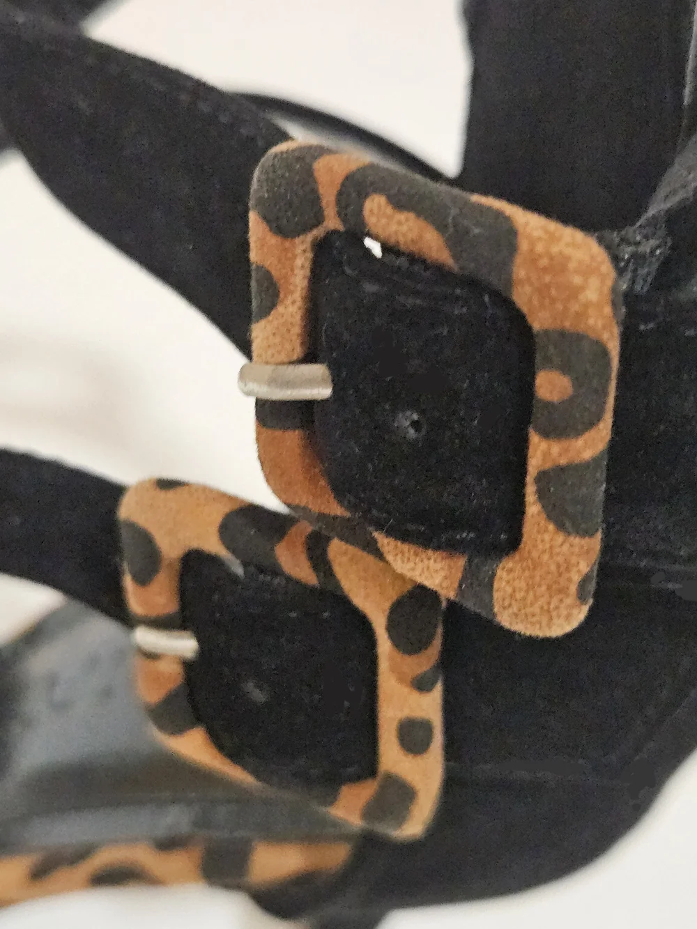 LILIANA Leopard & Black Buckle Ankle Strap Peep-Toe Stiletto Heels (Size 7.5)